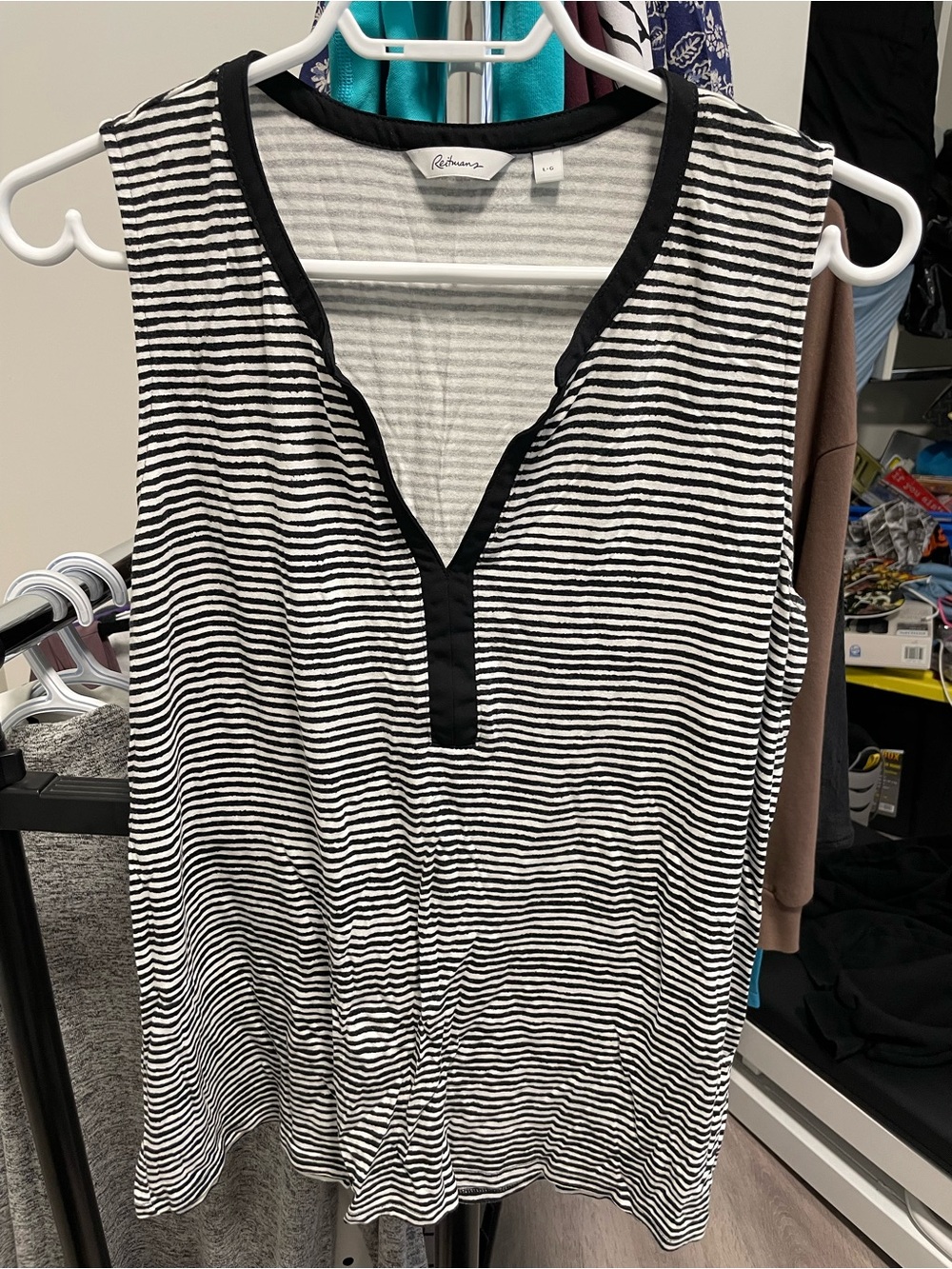Reitmans Gray and White Striped Sleeveless Top with Black Trim